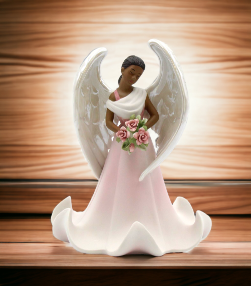 Ceramic African American Angel with Flowers Figurine, Home Décor, Religious Décor, Religious Gift, Church Décor, Baptism Gift