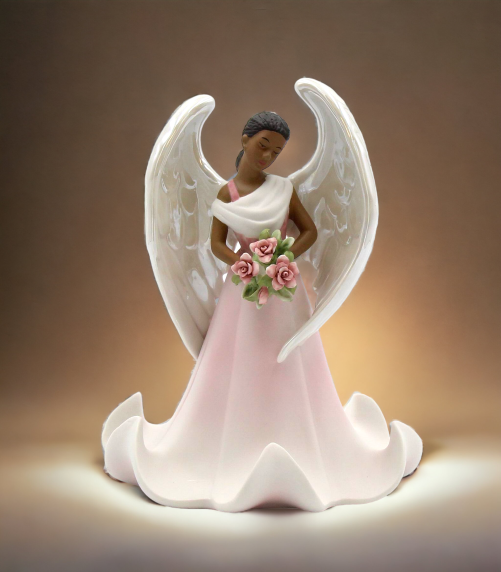 Ceramic African American Angel with Flowers Figurine, Home Décor, Religious Décor, Religious Gift, Church Décor, Baptism Gift