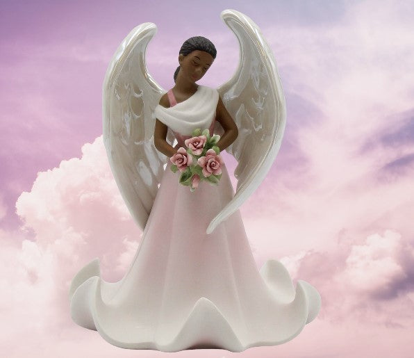 Ceramic African American Angel with Flowers Figurine, Home Décor, Religious Décor, Religious Gift, Church Décor, Baptism Gift