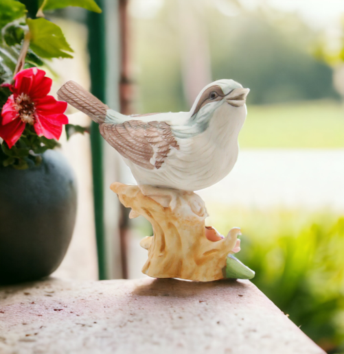 Ceramic Sparrow Bird with Flower Figurine, Home Décor, Gift for Her, Gift for Mom, Kitchen Décor, Birdwatcher Gift, Vintage Decor