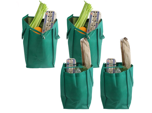 Environment Friendly Reusable Green Grocery Bags, 2 Insulated, 2 Non-Insulated (Set of 4)