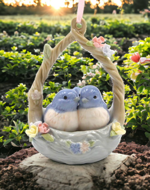 Ceramic Blue Birds in Basket Ornament, Home Décor, Gift for Her, Gift for Mom, Kitchen Décor, Birdwatcher Gift, Vintage Decor