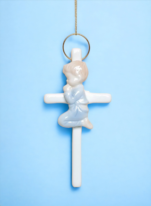 Ceramic Praying Boy On Cross Wall Decor, Religious Décor, Religious Gift, Church Décor, Baptism Gift