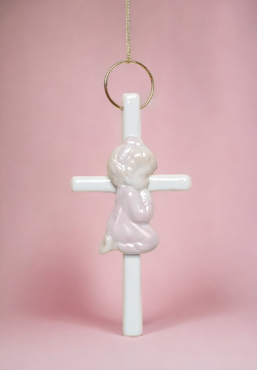 Ceramic Praying Girl On Small Cross Wall Decor, Religious Décor, Religious Gift, Church Décor, Baptism Gift