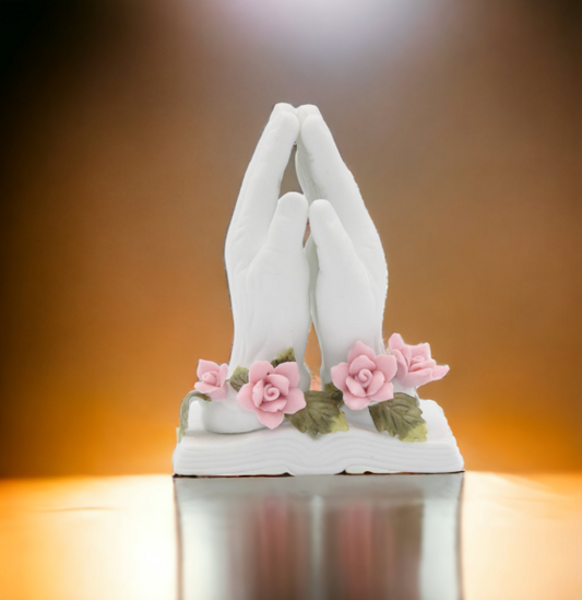 Ceramic Praying Hands with Rose Flowers Figurine, Home Décor, Religious Décor, Religious Gift, Church Décor, Baptism Gift