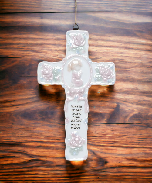 Ceramic Cross with Praying Girl Wall Decor, Religious Décor, Religious Gift, Church Décor, Baptism Gift