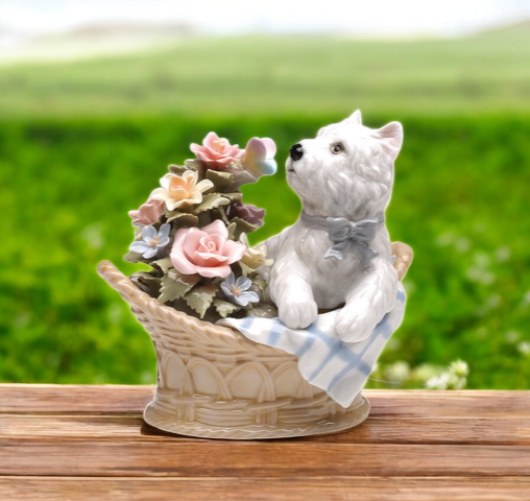 Ceramic West Terrier Dog Basket Music Box Playing "You've Got A Friend", Dog Lover Gift, Gift for Her