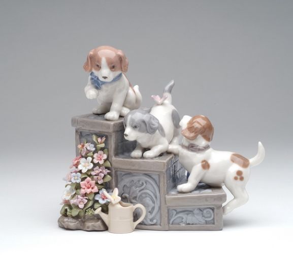 Ceramic Three Puppies On Garden Steps Music Box, Home Décor, Gift for Her, Gift for Mom, Kitchen Décor, Dog Lover Gift, Pet Loss Gift