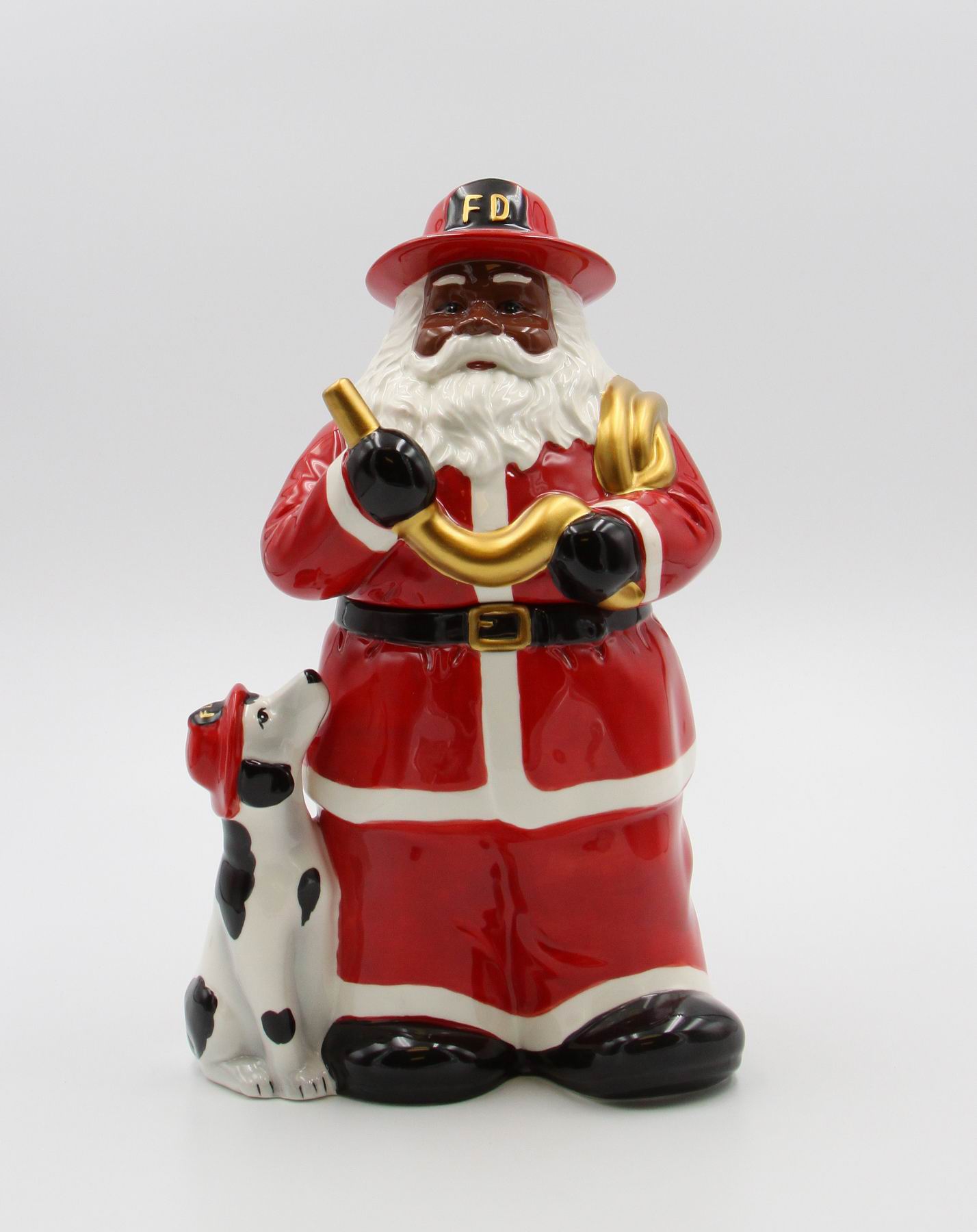 African American Firefighter Christmas Santa with Dalmation Dog Cookie Jar Home Décor Gift for Her Him Dad Mom Kitchen