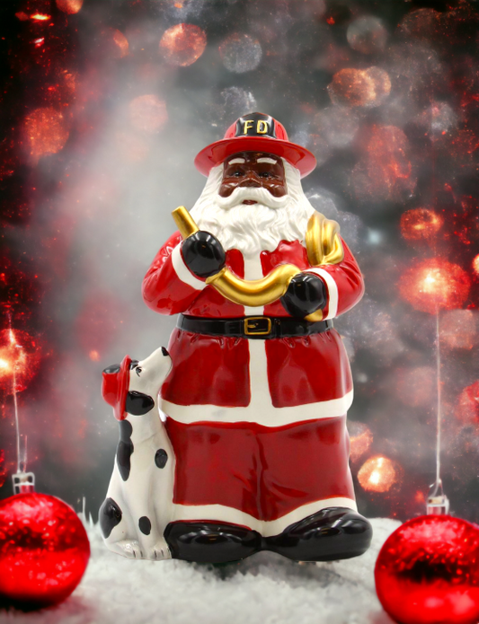 African American Firefighter Christmas Santa with Dalmation Dog Cookie Jar Home Décor Gift for Her Him Dad Mom Kitchen