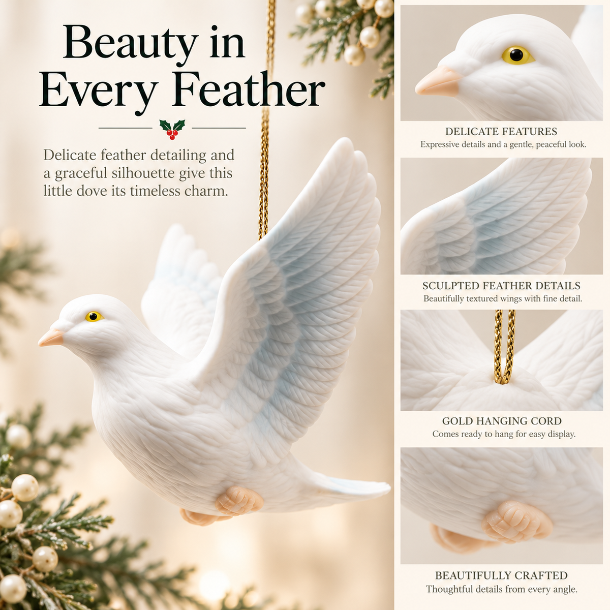 White Peace Dove Christmas Ornament – Elegant Hanging Dove Decoration, Wedding & Holiday Gift
