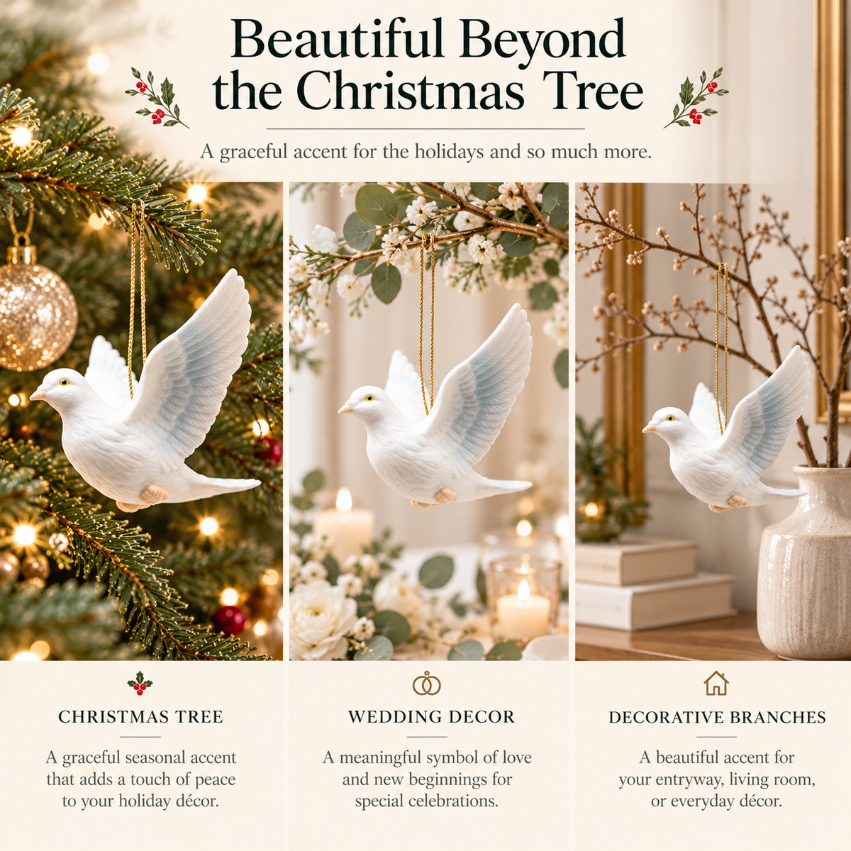 White Peace Dove Christmas Ornament – Elegant Hanging Dove Decoration, Wedding & Holiday Gift