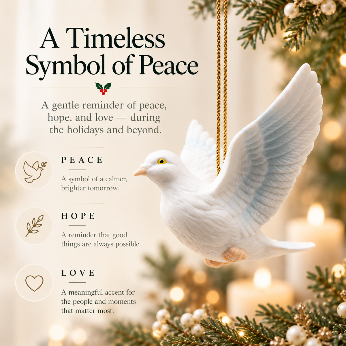 White Peace Dove Christmas Ornament – Elegant Hanging Dove Decoration, Wedding & Holiday Gift