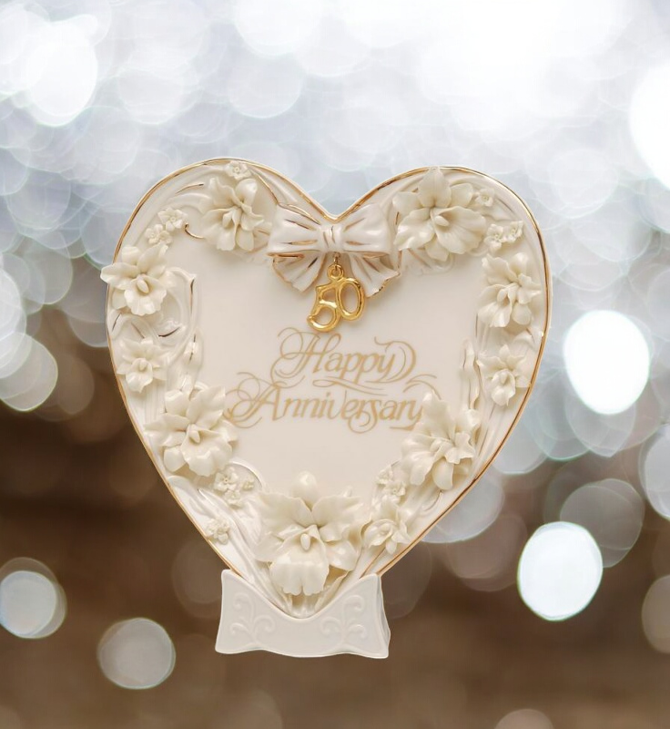 Ceramic 50th Wedding Anniversary - Orchid Flowers Heart Plate and Stand Gift for Parents Gift for Her - Plates