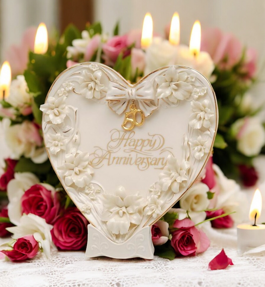 Ceramic 50th Wedding Anniversary - Orchid Flowers Heart Plate and Stand Gift for Parents Gift for Her - Plates