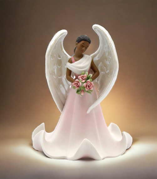 Ceramic African American Angel with Flowers Figurine Home Décor Religious Décor Religious Gift Church Décor Baptism