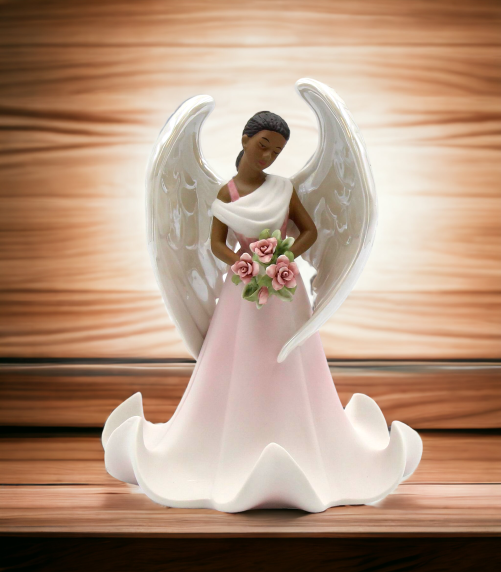 Ceramic African American Angel with Flowers Figurine Home Décor Religious Décor Religious Gift Church Décor Baptism