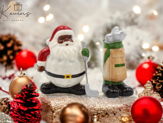Ceramic African American Golfing Santa Christmas Salt And Pepper Shakers Home Décor Gift for Him Gift for Dad Kitchen