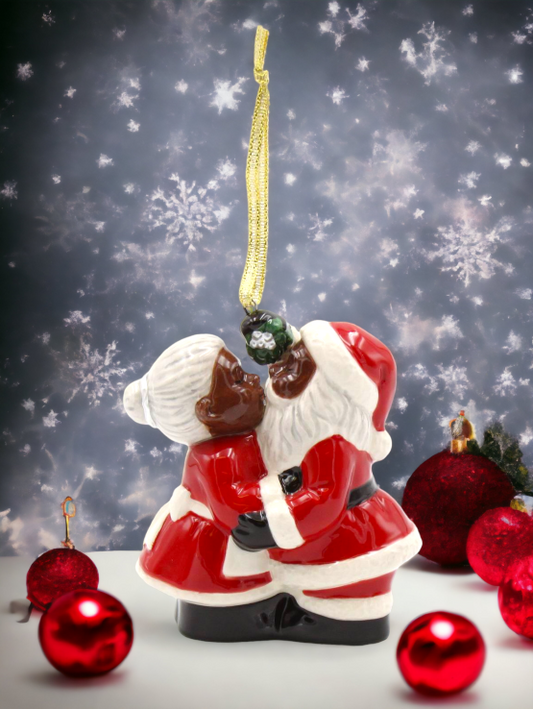 Ceramic African American Kissing Santa Couple Tree Ornament Home Décor Gift for Her Mom Him Dad Christmas tree Décor