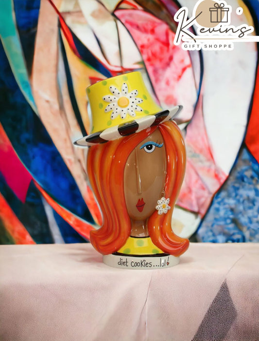 Ceramic African American Lady Daisy Flower Hat Cookie Jar Home Décor Gift for Her Mom Friend or Coworker Kitchen Décor