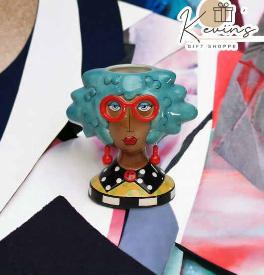 Ceramic African American Lady with Blue Hair Makeup Brush Utensil Holder Home Décor Gift for Her Mom Friend or Coworker