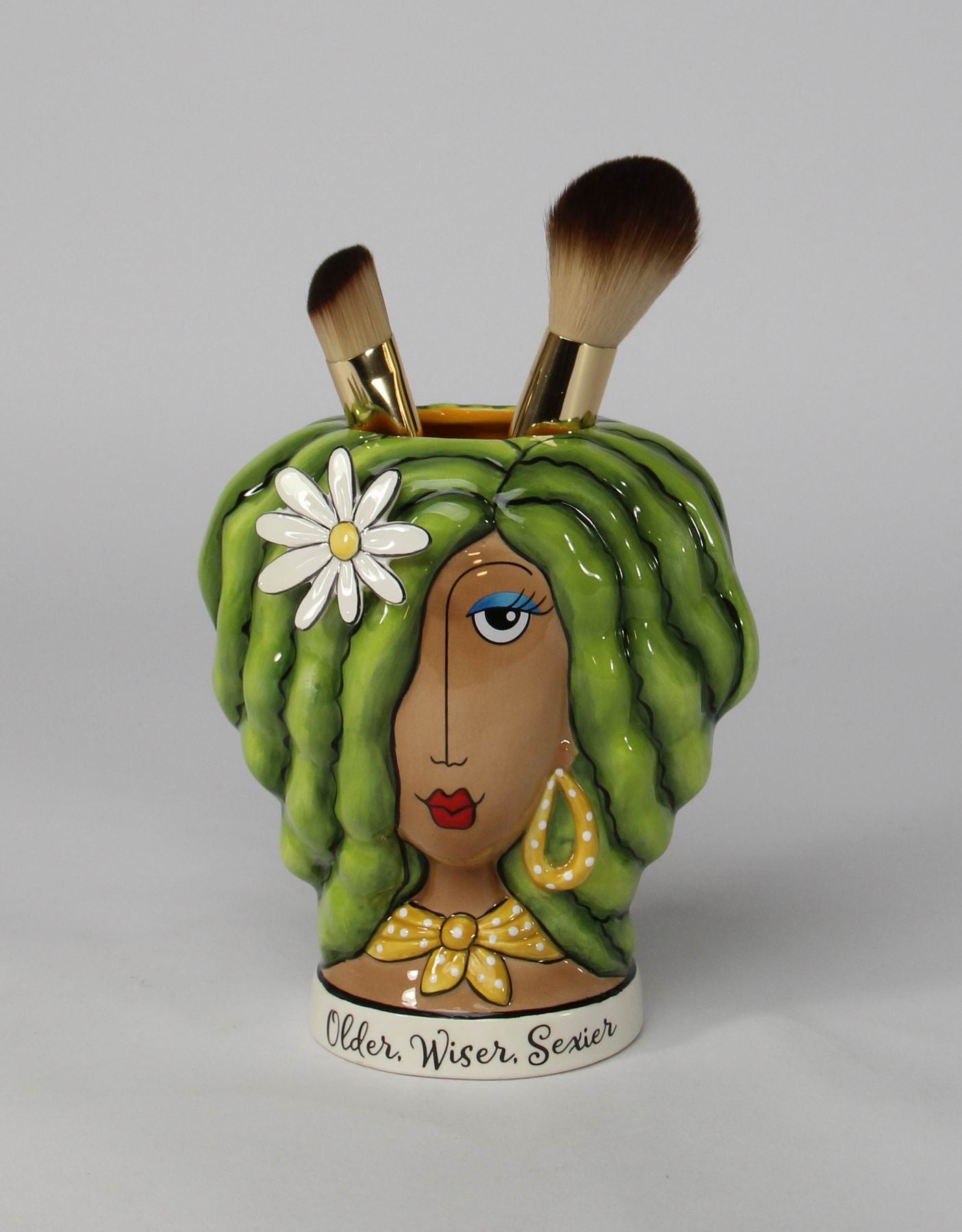 Ceramic African American Lady with Green Hair Makeup Brush or Pen Holder Home Décor Gift for Her Mom Friend or Coworker