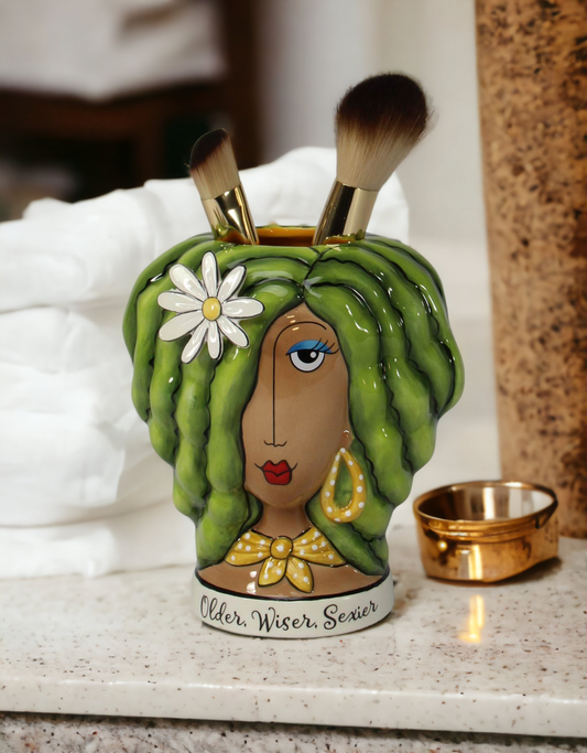 Ceramic African American Lady with Green Hair Makeup Brush or Pen Holder Home Décor Gift for Her Mom Friend or Coworker