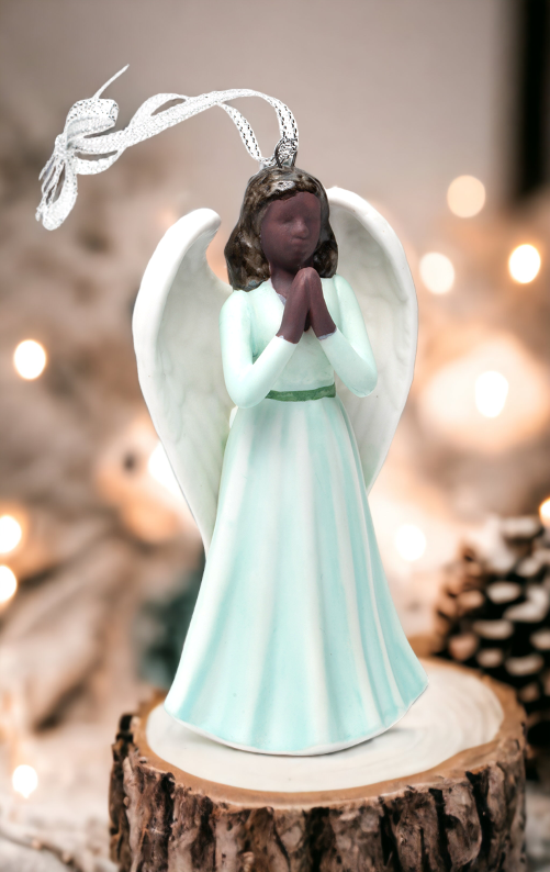 Ceramic African American Praying Angel Ornament Religious Décor Religious Gift Church Décor Church Gift Baptism Gift