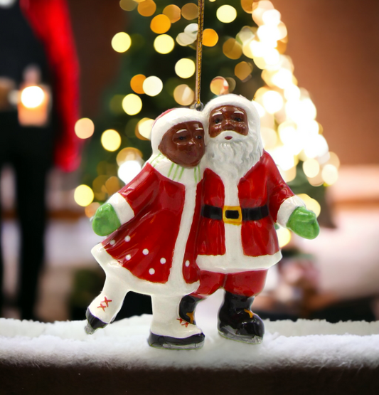 Ceramic African American Santa And Mrs. Claus Ice Skating Ornament Gift for Her Mom Him Dad Christmas tree Décor Wall