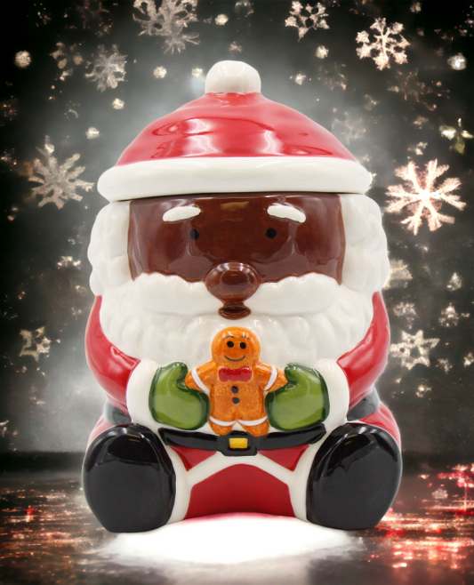 Ceramic African American Santa Claus Holding Gingerbread Candy Box Home Décor Gift for Her Gift for Mom Kitchen Décor