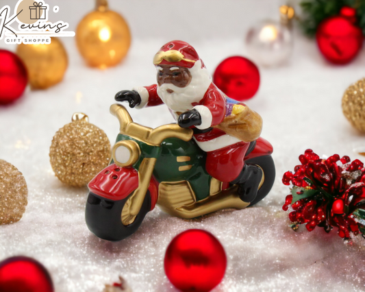 Ceramic African American Santa Claus Riding Motorcycle Salt And Pepper Gift for Him Gift for Dad Kitchen Décor