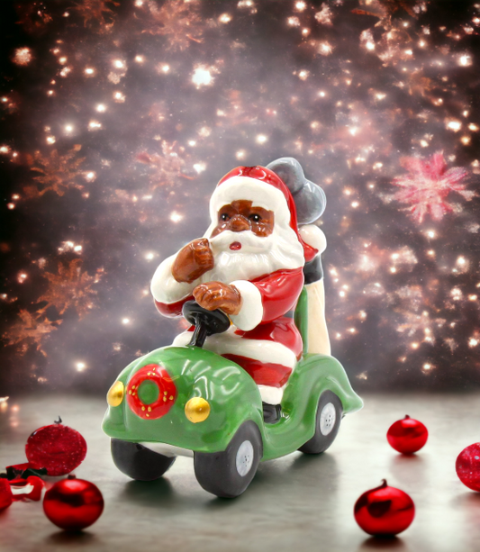 Ceramic African American Santa Driving Golf Kart Ornament Home Décor Gift for Her Mom Him Dad Christmas tree Décor Wall