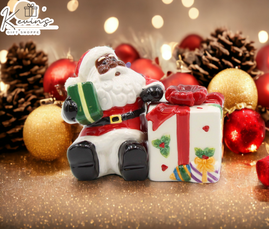 Ceramic African American Santa With Gift Salt And Pepper Shakers Home Décor Gift for Her Gift for Mom Kitchen Décor