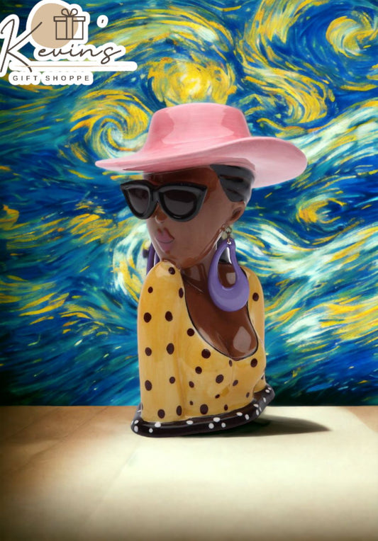 Ceramic African American Summer Lady Brush or Pen Holder Home Décor Gift for Her Mom Friend or Coworker Vanity Décor