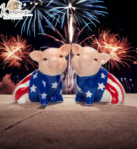 Ceramic American Flag Pig Salt And Pepper Patriot Gift Independence Day Gift for Her or Him Kitchen Décor Farmhouse