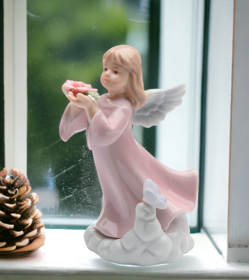 Ceramic Angel Girl with Rose Flower Figurine Religious Décor Religious Gift Church Décor Church Gift Baptism Gift