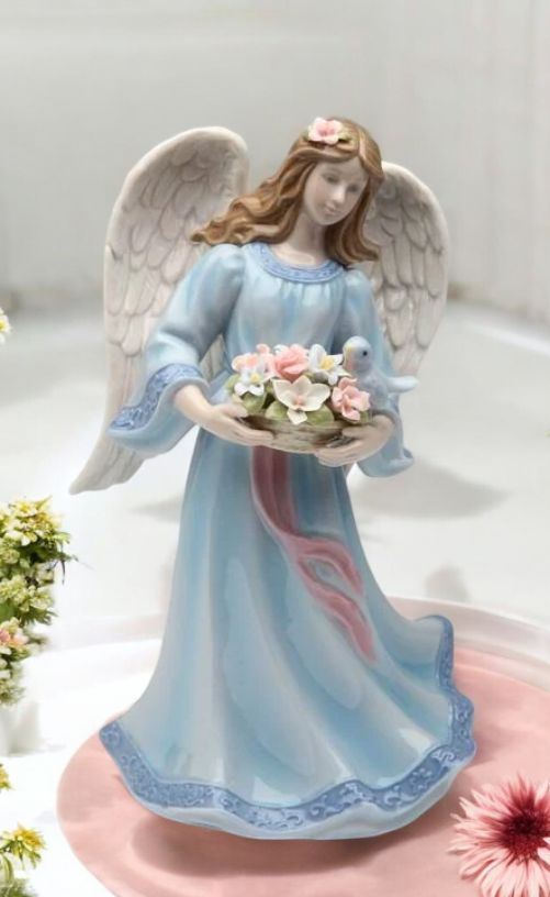 Ceramic Angel Holding Flower Basket Music Box Religious Gift Religious Decor Gift for Her - Music box