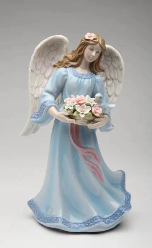 Ceramic Angel Holding Flower Basket Music Box Religious Gift Religious Decor Gift for Her - Music box