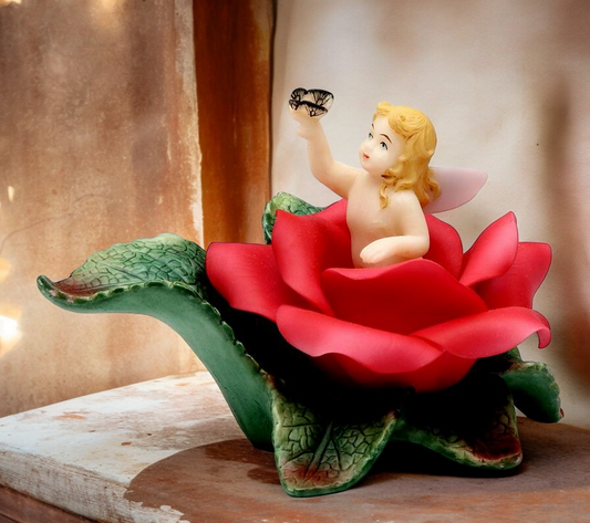 Ceramic Angel In Bloom Figurine-Red Rose Flower Gift for Her Gift for Mom Home Decor - Figurine