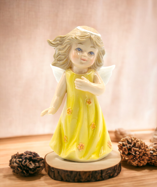 Ceramic Angel In Yellow Dress Figurine Religious Décor Religious Gift Church Décor Church Gift Baptism Gift - Figurine