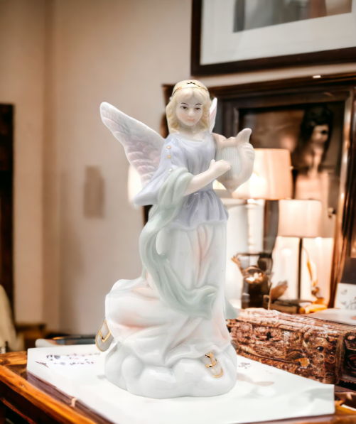 Ceramic Angel Playing Harp Figurine Religious Décor Religious Gift Church Décor Church Gift Baptism Gift - Figurine