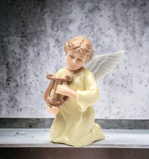 Ceramic Angel Playing Harp Figurine Religious Décor Religious Gift Church Décor Church Gift Baptism Gift - Figurine