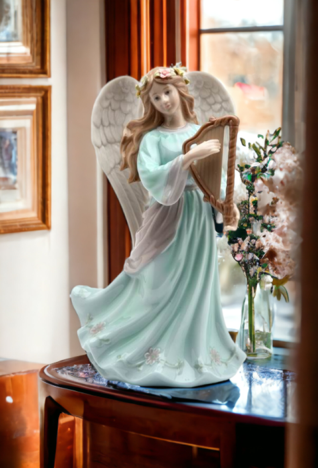 Ceramic Angel Playing Harp Music Box Home Décor Religious Décor Religious Gift Church Décor Baptism Gift - Music Boxes