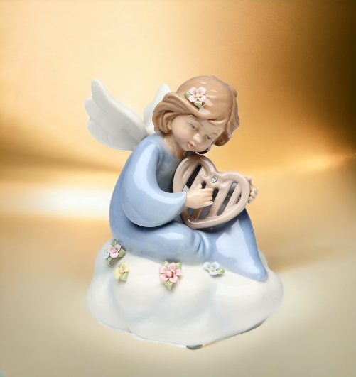 Ceramic Angel Playing Harp on Cloud Music Box Home Décor Religious Décor Religious Gift Church Décor Baptism Gift