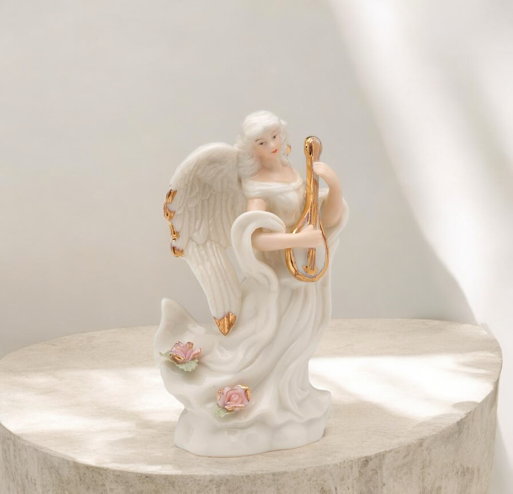 Ceramic Angel Playing Lute Figurine Religious Gift or Decor Vintage Decor - Figurine
