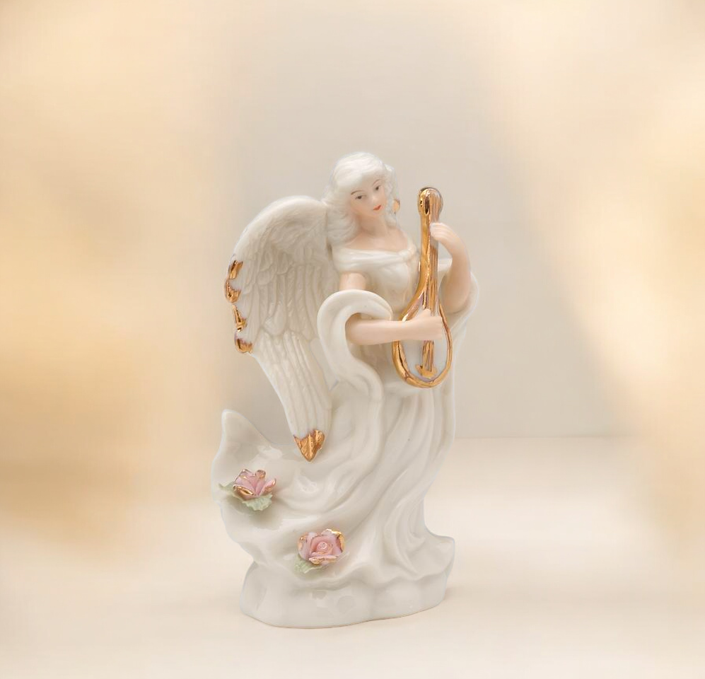 Ceramic Angel Playing Lute Figurine Religious Gift or Decor Vintage Decor - Figurine