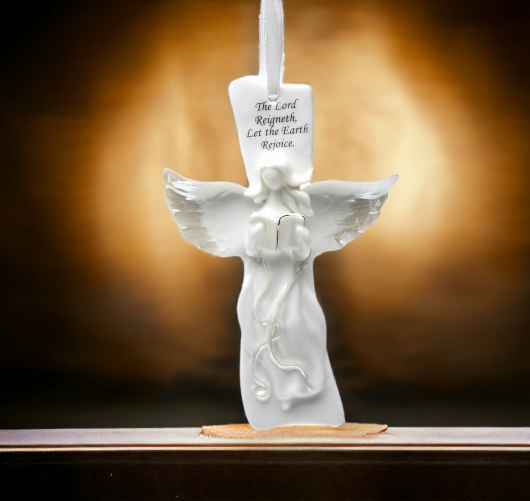 Ceramic Angel Singing on Cross Home Décor Religious Décor Religious Gift Church Décor Baptism Gift - Ornament