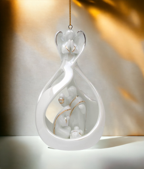 Ceramic Angel Watching Over Holy Family Nativity Ornament Home Décor Religious Décor Religious Gift Church Décor