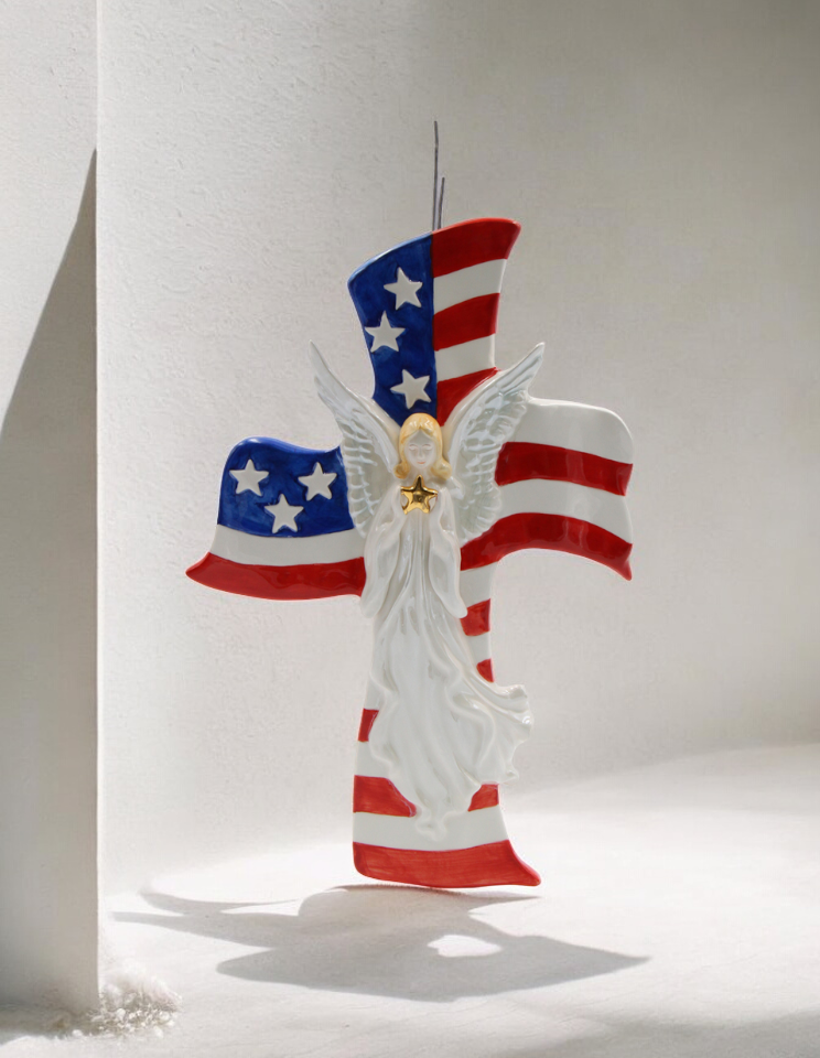 Ceramic Angel with American Flag Cross Wall Decor Patriot Gift Religious Gift Gift for Her Gift for Mom - wall decor