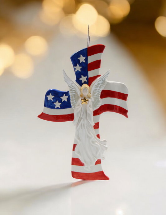 Ceramic Angel with American Flag Cross Wall Decor Patriot Gift Religious Gift Gift for Her Gift for Mom - wall decor